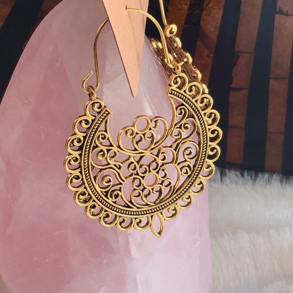 BOGO Large Gold Mandala Hoop Earrings Filigree Tribal Aztec Tibetan Native Bird - Picture 11 of 16